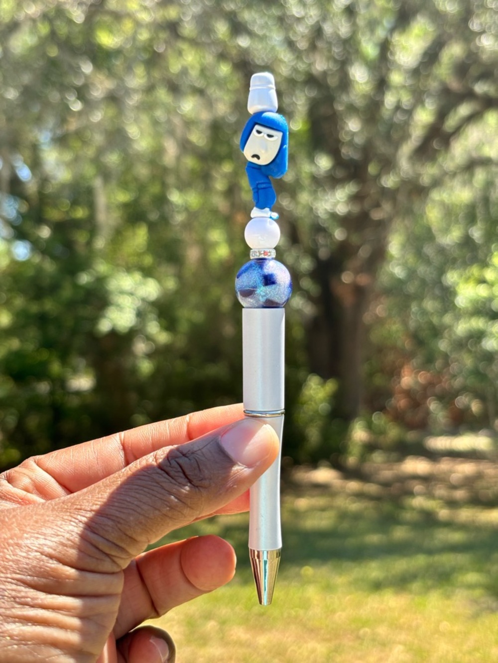 Handmade Blue Character Beaded Silver Pen